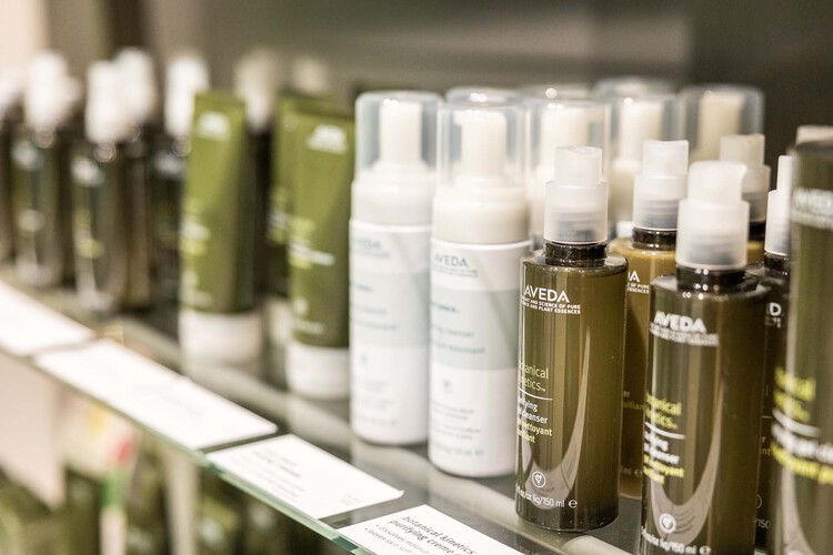 Closeup of Aveda products on a shelf