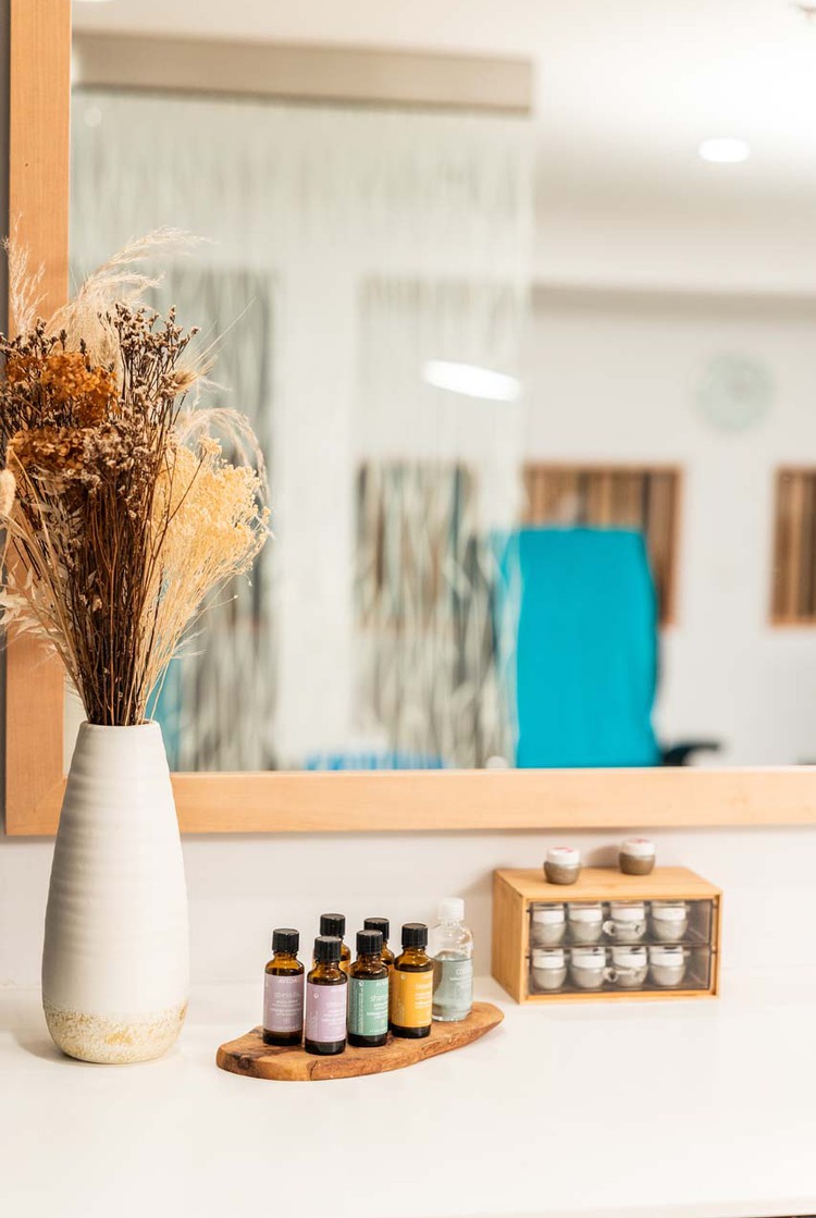 Aveda essential oils on a table